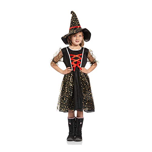 Kostümplanet® Hexenkostüm Kinder mit Hut Mädchen Hexen Kostüm Halloween Hexe (152, Schwarz-Rot) von Kostümplanet