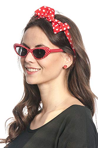 Kostümplanet Rock-n Roll Set rot-weiß 50-er Jahre Outfit Damen Accessoires Zubehör Brille Tuch Ohrstecker Karneval Fasching von Kostümplanet