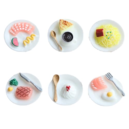 Kotkiddy 6 Stück Miniatur puppenhaus Geschirr, Miniatur Lebensmittel Spielzeug,Miniatur Steak Set,Miniatur-Kuchenset,Mini-Nudelnset,Mini-NachmittagsteeSet von Kotkiddy