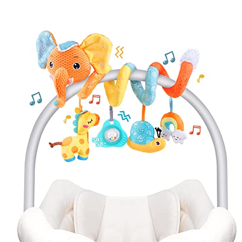 Koty Autositz-Spielzeug, Baby-Spirale, Plüsch, zum Aufhängen, für Kinderwagen, Bar, Kinderwagen, Kinderbett, mit Spieluhr, BB-Quietscher und Rasseln（Orangefarbener Elefant） von Koty