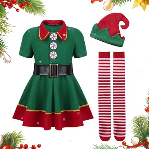 Grünes Elfen-Familien-Kostüm für Kinder, Weihnachten, Karneval, Party, Weihnachtsmann-Helfer, Cosplay, Verkleiden (Mädchen, 110 cm) von Kouamor
