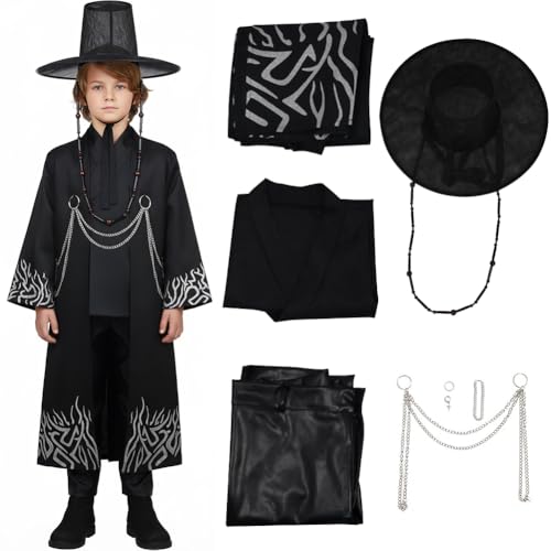 Hunters Cosplay Kostüm für Jungen,Kpop Hunters Bösewicht Saja Jinu Outfit mit Robe,Hut & Ketten,Dämon Saja Halloween Cosplay Kostüm,Kpop Stage Verkleidung. (A, 160CM) von Kouipoie