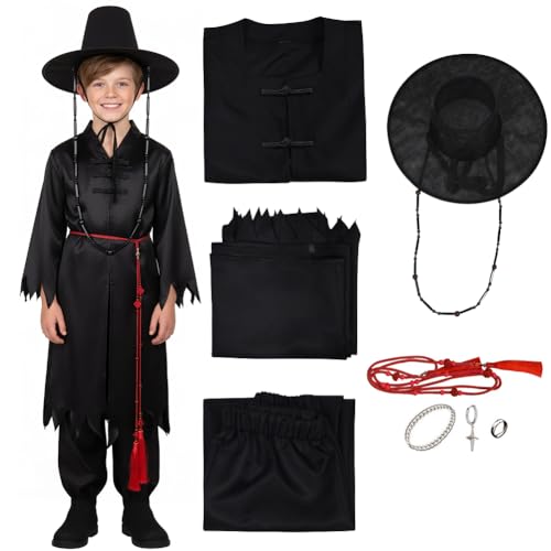 Hunters Cosplay Kostüm für Jungen,Kpop Hunters Bösewicht Saja Jinu Outfit mit Robe,Hut & Ketten,Dämon Saja Halloween Cosplay Kostüm,Kpop Stage Verkleidung. (B, 120CM) von Kouipoie