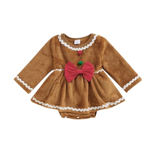 Kouoybt Baby Lebkuchenkostüm Kleinkind Junge Mädchen Weihnachten Lebkuchenbrot Outfit Langarm Kapuze Schleife Strampler (F-Brown, 3-6 Monate) von Kouoybt