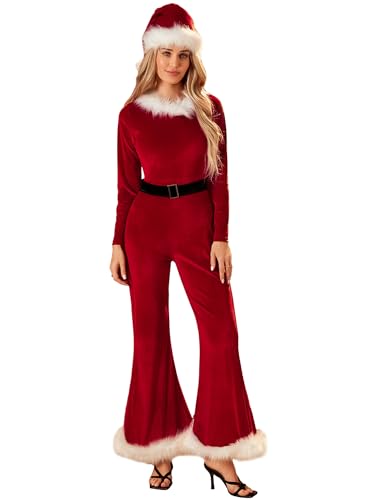 Kouoybt Damen-Weihnachts-Overall, niedlich, langärmelig, ausgestellt, Overall und Mütze, Weihnachtsmann-Kostüm, Weihnachten, Urlaub, Cosplay, Party-Outfits (A-Red, XL) von Kouoybt