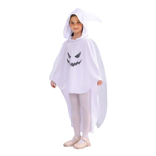 Kouoybt Halloween Geisterumhang für Kinder, schwarzes Teufelsgesicht, weißes Geisterkostüm für Cosplay & Party (Weiß, 7–8 Jahre) von Kouoybt