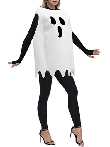 Kouoybt Halloween-Kostüm-Set für Damen, Geister-Kostüm für Erwachsene, Kürbis-Geist, Skelett, Poncho, Kostüme, Party, lustiges Verkleiden, Erwachsene (A-Weiß, M) von Kouoybt