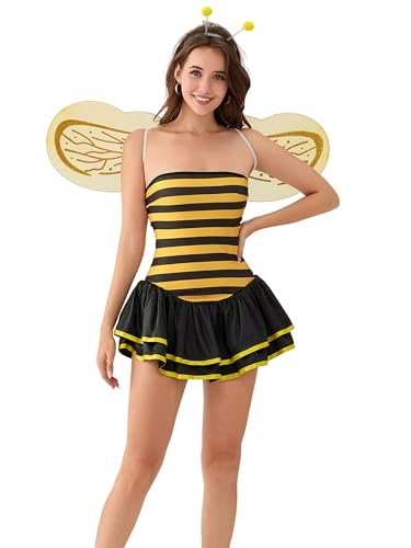 Kouoybt Hummel-Kostüm für Damen, Halloween-Kostüme, lustiges Tier-Cosplay-Kostüm, Bienenkleid mit Flügeln, Kostüm für Erwachsene (G-Gelb, XL) von Kouoybt