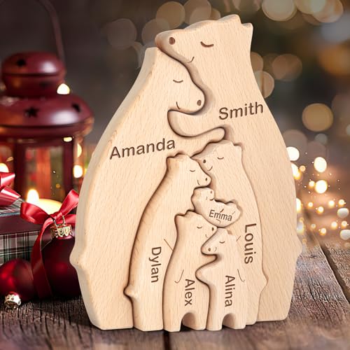 Kowlone Personalisiertes Holzkunstpuzzle der Bärenfamilie Geschenk mit 1-8 Namen, We Are One Holz Bär Tier Skulpturen Desktop Ornament Heim Tischdekoration Ideen für Weihnachts Jubiläum Geburtstag von Kowlone