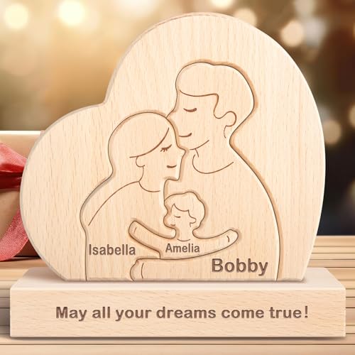 Personalisiertes Holzkunstpuzzle der Familie mit 1-8 Namen, benutzerdefinierte Familienname Skulptur Jigsaw, Tier Dekorativ Ornament Ideen für Weihnachten Jubiläum Muttervatertag Vatertag von Kowlone