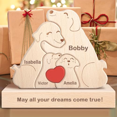 Personalisiertes Holzkunstpuzzle der Hund Familie mit 1-8 Namen, benutzerdefinierte Familienname Skulptur Jigsaw, Tier Dekorativ Ornament Ideen für Weihnachten Jubiläum Muttervatertag Vatertag von Kowlone