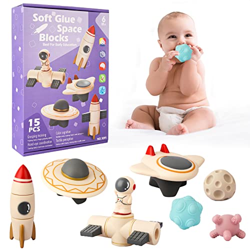 Kqpoinw 15 STK Weich Baby Bausteine Spielzeug 6-12 Monate, Montessori Sensorik Spielzeug Baby Beißring, Astronauten Serie Motorikspielzeug Blöcke für Kindern, Babyspielzeug 1 2 3 Jahre von Kqpoinw