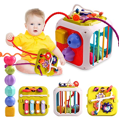 Kqpoinw Motorikwürfel,Montessori Spielzeug,7-in-1 Aktivitätswürfel,Baby Motorikspielzeug Spielzeug,Multisensorischen Formen Stapelbrett für ab 18 Monaten Jungen Mädchen von Kqpoinw
