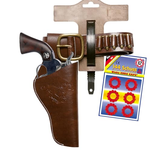 Cowboy Gürtel verstellbar aus Kunstleder & Metall mit Western-Pistole 25 cm lang inkl. 144 Schuss-Munition Kostüm-Zubehör Fasching Karneval (Pistole mit Gürtel Pferde-Motiv Braun) von Krause & Sohn