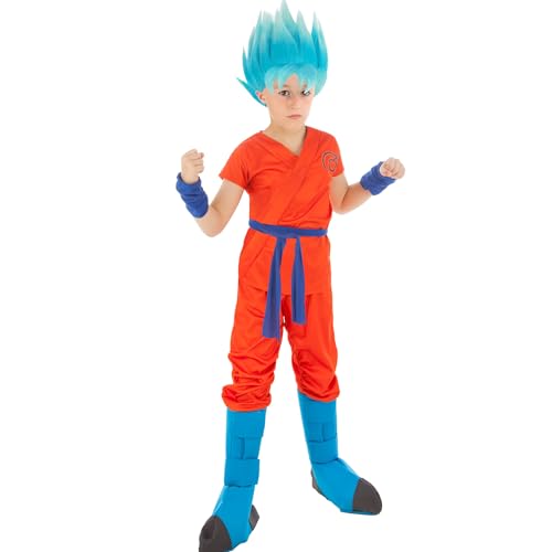 Krause & Sohn Dragonball Kostüm Goku Saiyan Super für Kinder deluxe inkl. blauer Perücke Fasching Karneval Cosplay (128) von Krause & Sohn