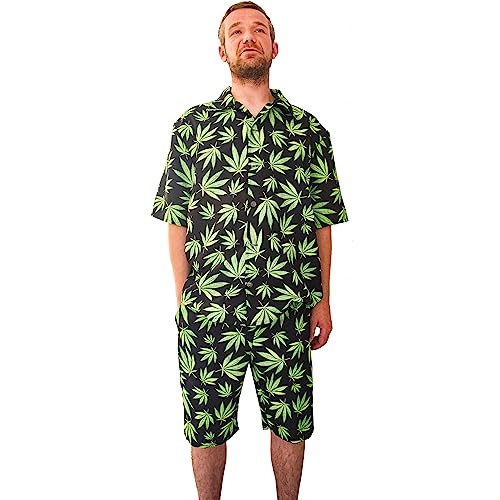Krause & Sohn Hanf Kostüm Mr. Weedboss Hanfblätter-Motiv Hose & Hemd für Herren Gr. 50-58 Fasching Karneval Mottoparty (Shorts & Hemd, 50) von Krause & Sohn