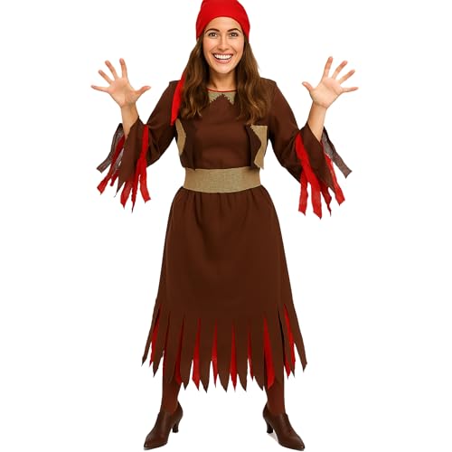 Krause & Sohn Hexen Kostüm Hexe vom Feuerwald für Damen Gr. 40-46 Braun Rot Kleid mit Kopfbedeckung Halloween Fasching Karneval (44/46) von Krause & Sohn