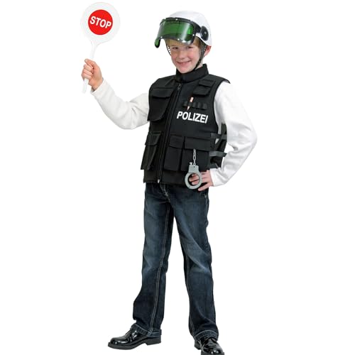 Krause & Sohn Polizei Kostüm Polizist Matteo Weste mit Taschen und mit Polizeihelm für Kinder Gr. 128-140 Fasching Karneval (140) von Krause & Sohn