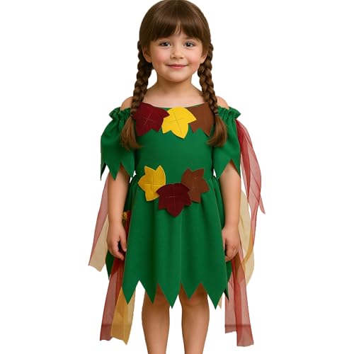 Krause & Sohn Waldfee Kostüm Elowyn Moosgrün mit bunten Blättern für Kinder Gr. 104-128 Kleid Elfe Märchen Fasching Karneval (116) von Krause & Sohn