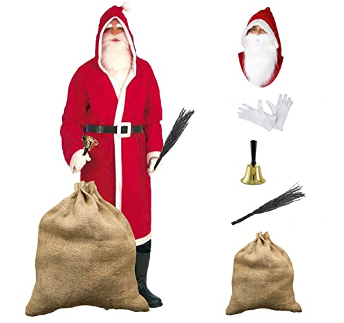 Weihnachtsmann-Kostüm 6-tlg. komplett-Set Mantel mit Gürtel Bart Rute Sack und Glocke von Krause & Sohn