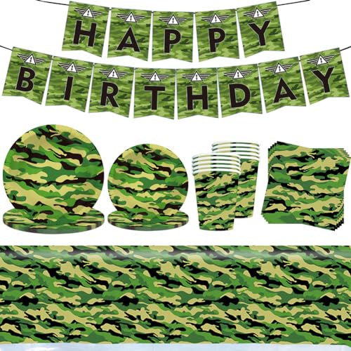 KreEzi Camo Party Geschirr Set, Party Supplies Tableware, Kindergeburtstag Camouflage Geburtstag Deko Party Geschirr Set Supplies Dekorationen, wiederverwendbar Party-Zubehör in Camo - 52 Stück von KreEzi