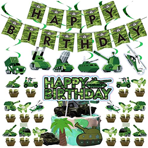 KreEzi Camouflage Geburtstagsfeier Dekorationen, Camo Decorations, 24 Stück Grüne Camo Alles Gute zum Geburtstag Banner Hängende Strudel Cupcake Toppers von KreEzi