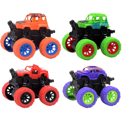 KreEzi Monster Maschinen Spielzeugauto, Große Gummiräder Trägheit Reibungsbetriebene Autos, Geländewagen Spielzeugauto, Kinder-Spielzeug mit vielen Features 4 Stück von KreEzi