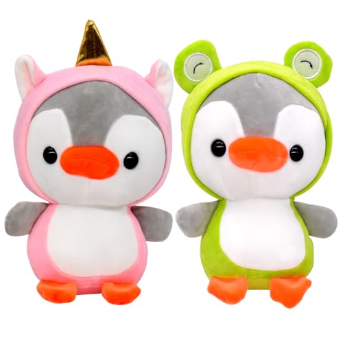 KreEzi Pinguin Stofftier Plüschtier, Frosch und Einhorn Kostüm Pinguin Plushie, Pinguin Stofftier Schmusetier Geschenk, für Familie und Freunde Weihnachten Geburtstagsgeschenk 25cm/2PCS von KreEzi