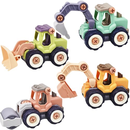 Montage Spielzeug Auto, 4 Pcs Baufahrzeuge LKW Bagger Spielzeug mit Schraubendreher Bagger Spielzeug Baufahrzeuge Klein Sandspielzeug Bagger Set DIY Lernspielzeug Geschenk für Kinder Jungen Mädchen von KreEzi