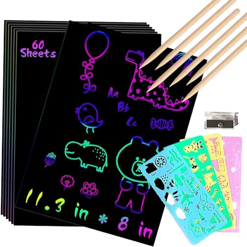 Scratch Art Notes per Bambini, Kratzpapier Set,50 Große Blätter Regenbogen Kratzpapier zum Zeichnen und Basteln | mit Schablonen, Holzstiften und Stickern von KreEzi