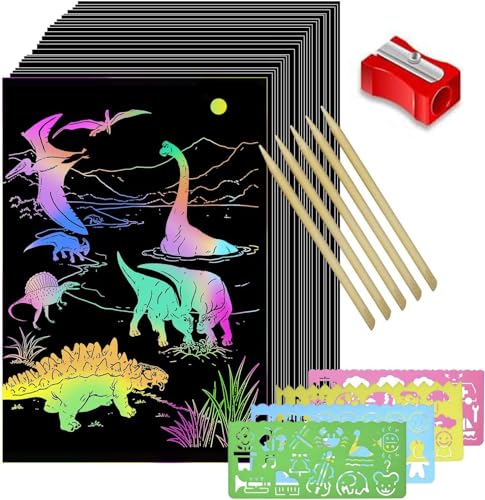 Scratch Art für Kinder, 50 Blatt Rainbow Scratch Paper Arts für Kinder Scratch Art Notes mit 4 Zeichenschablonenlinealen und 5 Holzstiften und 1 Anspitzer von KreEzi