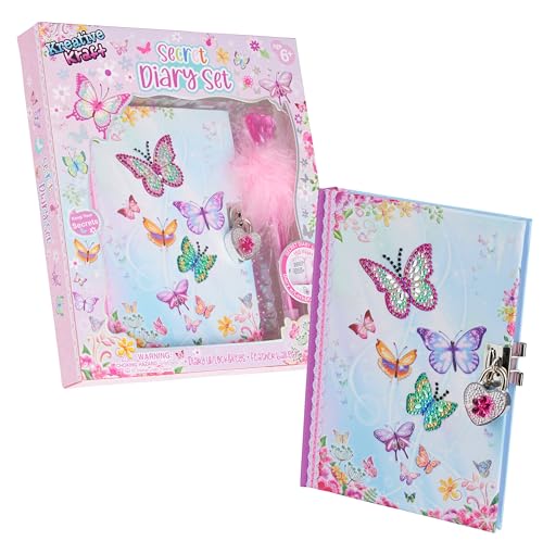 Tagebuch mit Schloss & Schlüssel, Rosa Tagebuch Mädchen mit Flauschigem Stift - Geschenke für Mädchen (Rosa Schmetterling Tagebuch) von KreativeKraft