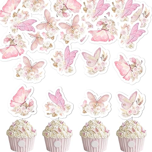 24 Stück Schmetterlings-Cupcake-Topper für Mädchen, Boho-Schmetterlings-Kuchenaufsatz, Babyparty-Partydekorationen, Schmetterlingsthema, Hochzeitstag, drinnen und draußen von Kreatwow
