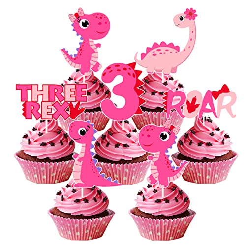 Dinosaurier-Kuchen-Deckel für Mädchen, Dinosaurier-Geburtstags-Party liefert Mädchen 3, rosa Baby-Mädchen-Kuchen-Deckel Roar Three Rex Nummer 3 von Kreatwow