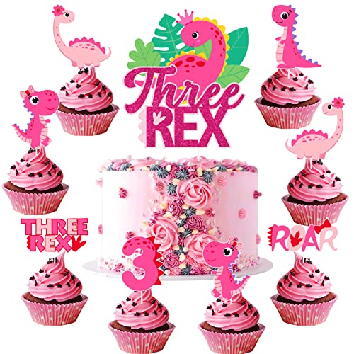 Dinosaurier-Kuchen-Topper für 3-jährige Mädchen, drei Rex-Cupcake-Topper - Dinosaurier 3. Geburtstags-Partybedarf, Dino, Brüllt Kuchen Dekorationen Rosa 25-tlg von Kreatwow
