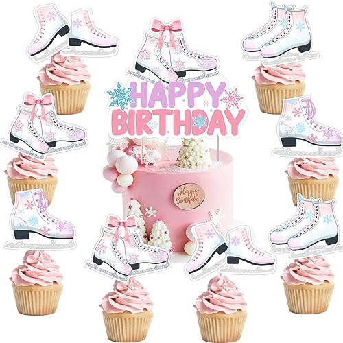 Eislaufen-Geburtstagsparty-Dekorationen, rosa lila Eislaufen-Schneeflocke, alles Gute zum Geburtstag-Kuchenaufsatz, Rollschuh-Cupcake-Aufsatz für Winterwunderland-Dekorationen von Kreatwow