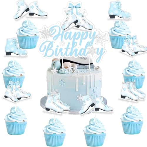 Kreatwow Happy Birthday Toppers Ice Skating Birthday Party Supplies Silver Blue Snowflake Cake Topper Decorations Table Decor Roller Skates Topper Kit For Girl 1st2nd3rd Winter Wonderland Birthday von Kreatwow