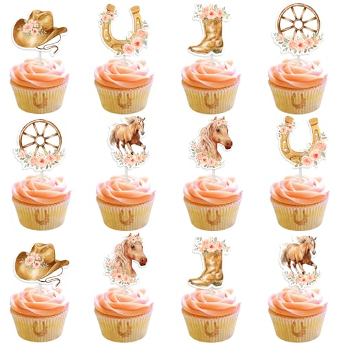 Kreatwow 24pcs Pferd Geburtstag Cupcake Toppers für Mädchen Pferd Geburtstag Dekorationen Western Cowgirl Party Decor Floral Pferd Geburtstag Cowgirl Geburtstag Party Supply von Kreatwow