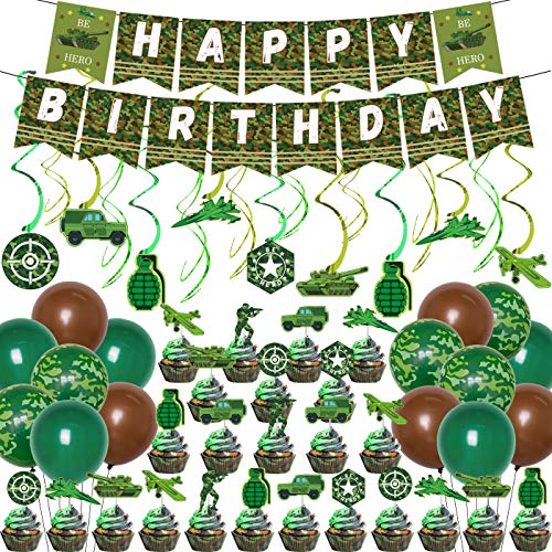 Kreatwow Camouflage Geburtstagsfeier Dekorationen Grüne Camo Luftballons Alles Gute zum Geburtstag Banner Hängende Strudel Cupcake Toppers für Jungen Mädchen Erwachsene Veteran von Kreatwow