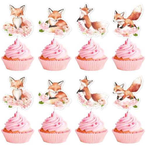 Kreatwow Fuchs Geburtstag Party Dekoration 24pcs Fuchs Party Cupcake Toppers Woodland Tier Party Dekoration Boho Woodland Kuchen Dekor Dschungel Wildwald Tier Kuchen Pick für Mädchen Baby Shower von Kreatwow