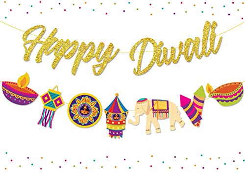Kreatwow Happy Diwali Dekorationen Happy Diwali Gold Glitter Banner Girlande für Diwali Festival of Lights Party Hindu Party Dekor Zubehör von Kreatwow