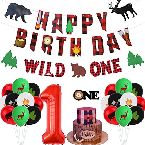 Kreatwow Holzfäller 1. Geburtstagsfeier liefert Wild One Holzfäller 1. Geburtstag Dekorationen für Jungen Mädchen Buffalo Plaid Banner Ballons Cake Topper von Kreatwow