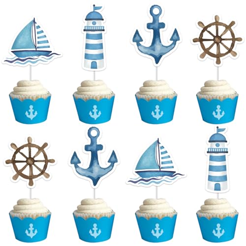 Kreatwow Nautische Cupcake Topper - 24 Stück in 4 verschiedenen Designs - Marine Thema Party Dekoration für 1. Geburtstag, Baby Dusche & mehr von Kreatwow