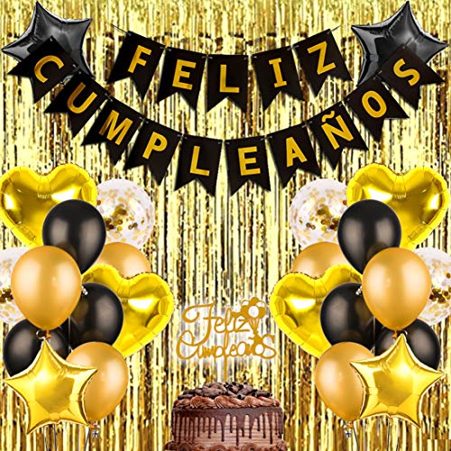 Kreatwow Spanische Geburtstagsdekorationen Schwarzgold Feliz Cumpleaños Banner Cake Topper Konfetti Luftballons von Kreatwow