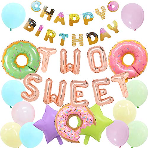 Kreatwow Zwei süße Geburtstagsparty-Zubehör – zwei süße Donut-Folienballons "Happy Birthday" Banner für Mädchen 2. Geburtstag Party Babyparty von Kreatwow