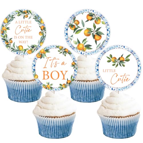 Little Cutie Cupcake-Topper für Jungen, 24 Stück, orangefarbenes Thema, Babyparty-Kuchenaufsätze, Oh It's a Boy, Babyparty-Dekorationen, A Little Cutie is On The Way von Kreatwow