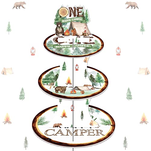One Happy Camper Geburtstagsdekorationen, One Happy Camper Tischdekoration, Camping-Kuchenständer,Grüner Wald, Camping-Dschungel-Themen-Kuchendekoration, Bär, Bäume, Zelt von Kreatwow