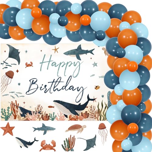 Ozean-Motto-Geburtstagsparty-Dekoration für Jungen unter dem Meer, alles Gute zum Geburtstag-Hintergrund-Banner, Retro-ozeanblaue Luftballons von Kreatwow