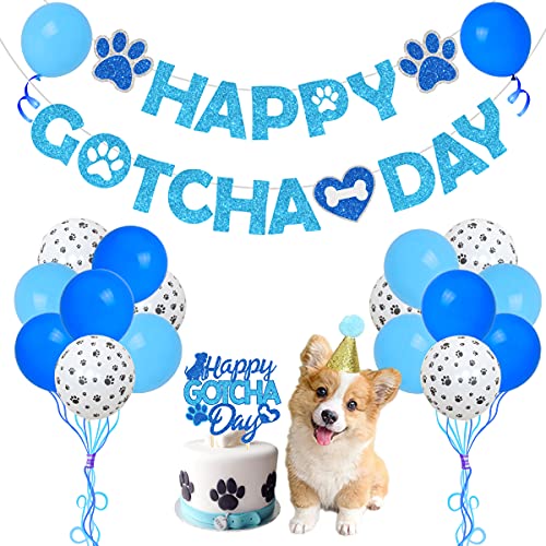 Pet Adoption Party Dekorationen Blau, Happy Gotcha Day Geburtstagsparty Dekorationen Banner und Kuchen Topper, Geburtstagshut und Hund Thema Ballon Girlande Bogen Kit für Welpen Hund Partybedarf von Kreatwow