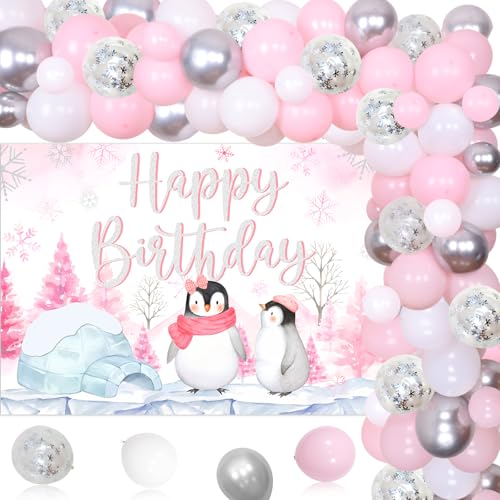 Pinguin-Geburtstagsparty-Zubehör, Pinguin-Happy-Birthday-Hintergrund, rosa Ballongirlande, Pinguin-Folienballon für Pinguin-Motto-Geburtstagsparty, Winter-Pinguin-Geburtstagsparty von Kreatwow